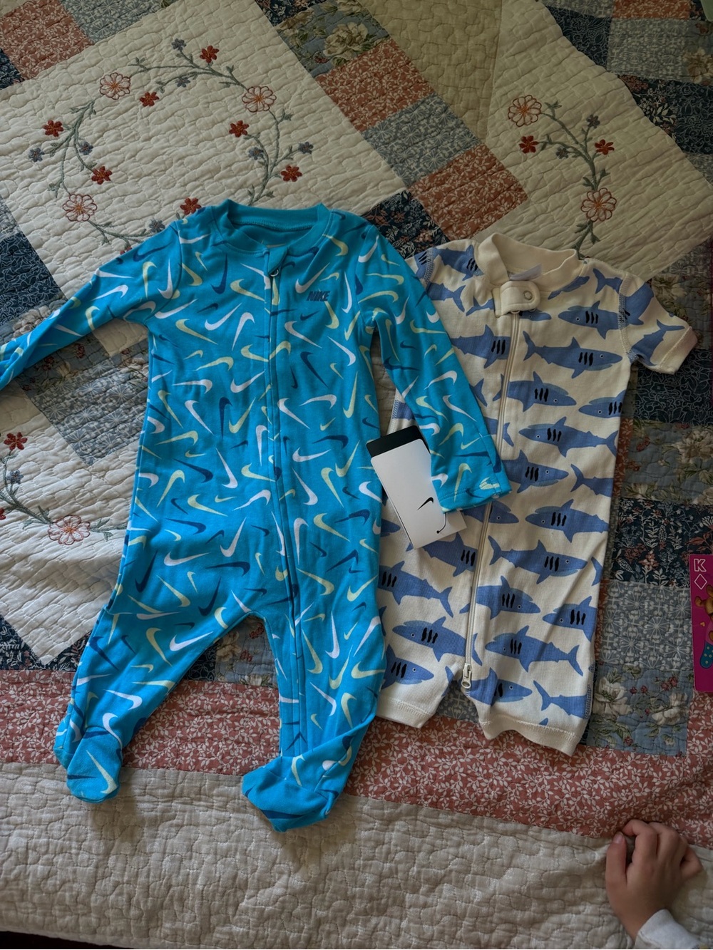 Nike new with tags Blue footie & Hanna Andersson Shark Romper 6 months